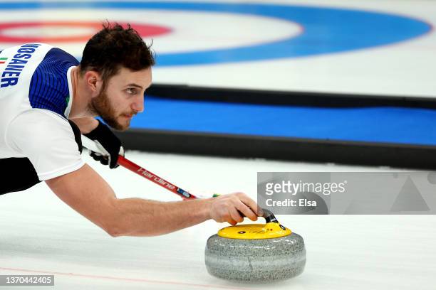 Amos Mosaner of Team Italy competes against Team Canada during the Men’s Curling Round Robin Session on Day 10 of the Beijing 2022 Winter Olympic...