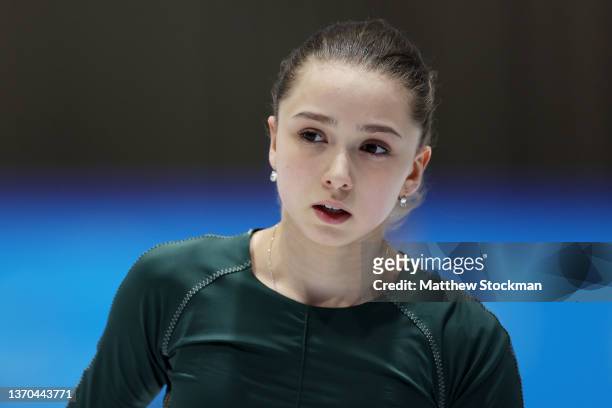 Kamila Valieva of Team ROC looks on during a training session on day ten of the Beijing 2022 Winter Olympic Games at Capital Indoor Stadium practice...
