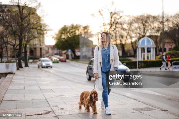 friends enjoying relaxing walk in the city - hondenuitlater stockfoto's en -beelden