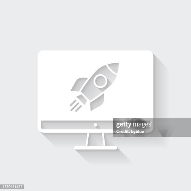 desktop computer with rocket. icon with long shadow on blank background - flat design - rocket launch isolated stock illustrations