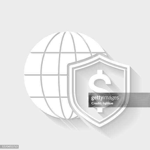 dollar shield with globe. icon with long shadow on blank background - flat design - save planet stock illustrations