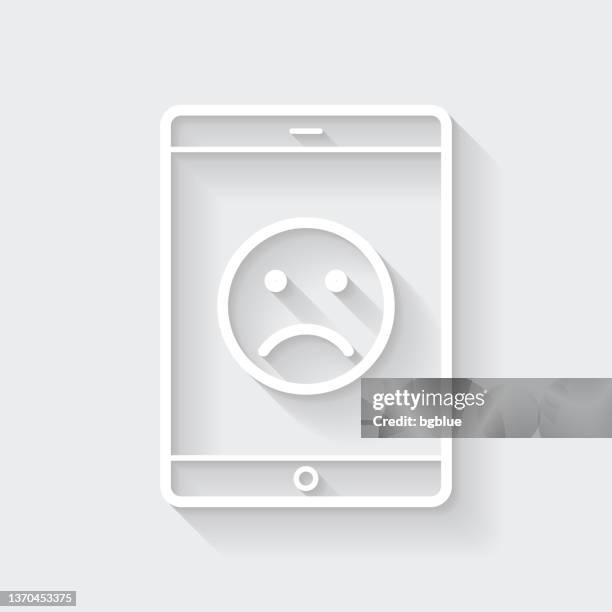 stockillustraties, clipart, cartoons en iconen met tablet pc with sad emoji. icon with long shadow on blank background - flat design - disappointing phone