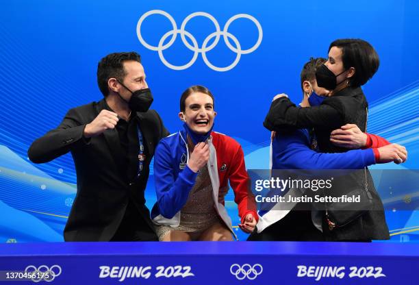 Gabriella Papadakis and Guillaume Cizeron of Team France react after receiving their score and winning Gold during the Ice Dance Free Dance on day...