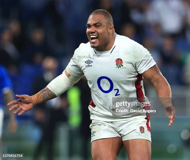 Kyle Sinckler of England celebrates after scoring their firth try during the Guinness Six Nations match between Italy and England at the Stadio...