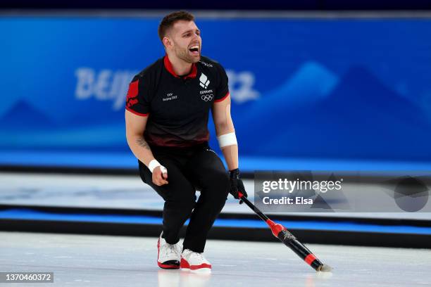 Mads Noergaard of Team Denmark reacts against Team Norway during the Men’s Curling Round Robin Session on Day 10 of the Beijing 2022 Winter Olympic...