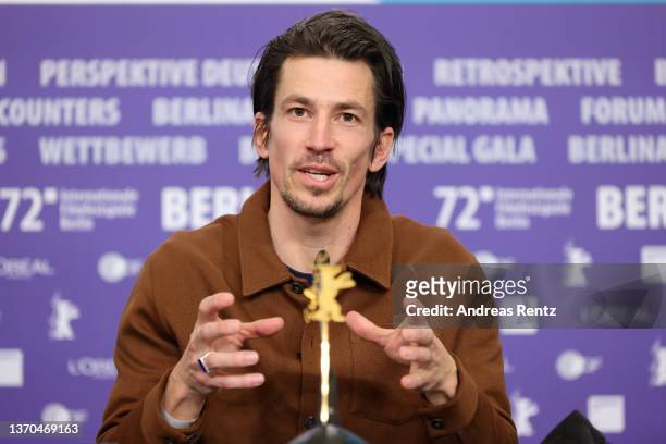 Director Michael Koch speaks at the "Drii Winter" press conference during the 72nd Berlinale International Film Festival Berlin at Grand Hyatt Hotel...