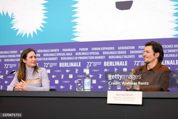 Michele Brand and Director Michael Koch speak at the "Drii Winter" press conference during the 72nd Berlinale International Film Festival Berlin at...