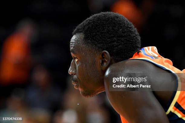 Bul Kuol of the Taipans looks dejected after his team's defeat during the round 11 NBL match between Cairns Taipans and New Zealand Breakers at...