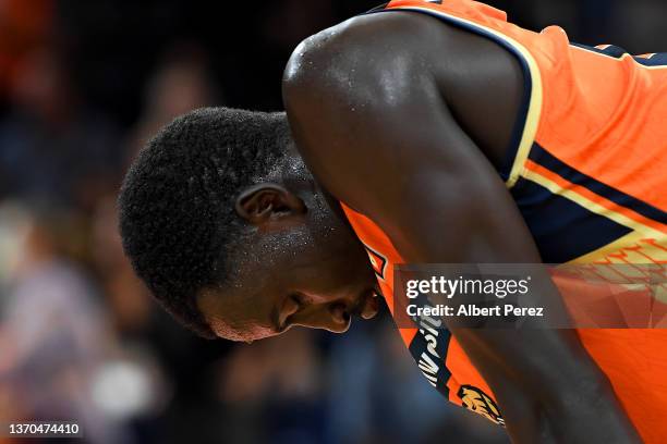 Bul Kuol of the Taipans looks dejected after his team's defeat during the round 11 NBL match between Cairns Taipans and New Zealand Breakers at...