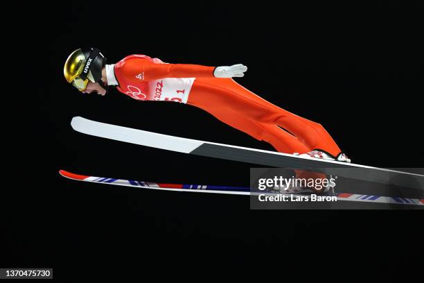 Dominik Peter of Team Switzerland competes during the Men's Team Ski jumping first Round For Competition on Day 10 of Beijing 2022 Winter Olympics at...