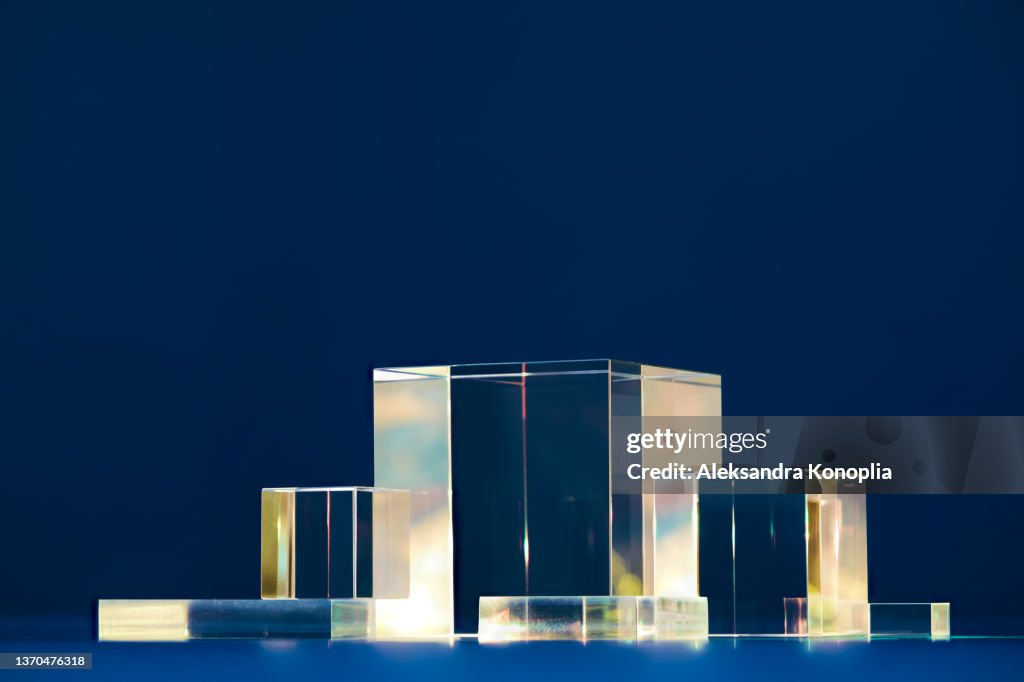 Abstract empty geometric shape crystal glass cube pedestal