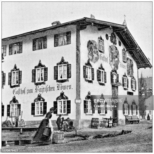 antique travel photographs of oberammergau, bavaria, germany: hotel - european alps stock illustrations