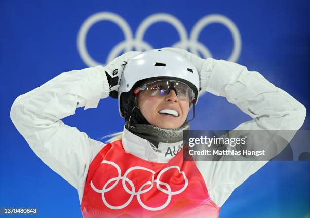 Danielle Scott of Team Australia reacts after their run during the Women's Freestyle Skiing Aerials Final on Day 10 of the Beijing 2022 Winter...