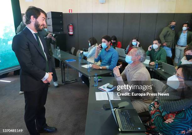 Candidate for the Presidency of Castilla y Leon, Juan Garcia-Gallardo, holds a conversation with journalists upon his arrival at a press conference...