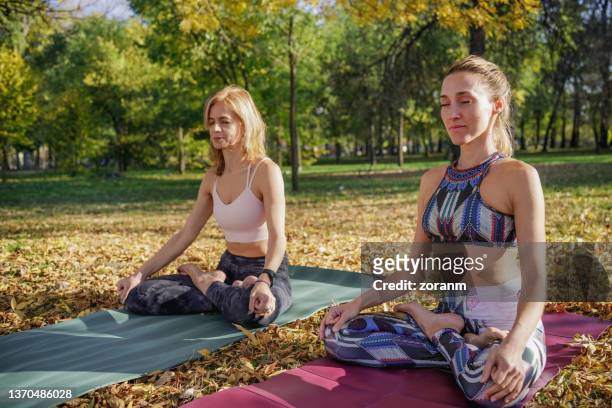 two women in lotus pose on yoga mats in the park, keeping eyes closed - sitting eyes closed stock pictures, royalty-free photos & images