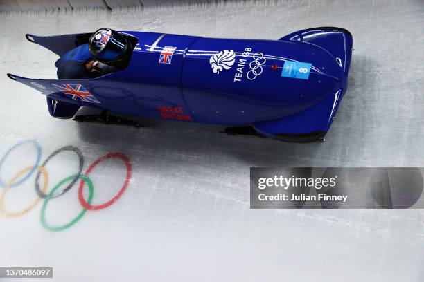 Brad Hall and Nick Gleeson of Team Great Britain slide during the 2-man Bobsleigh Heats on day 10 of Beijing 2022 Winter Olympic Games at National...