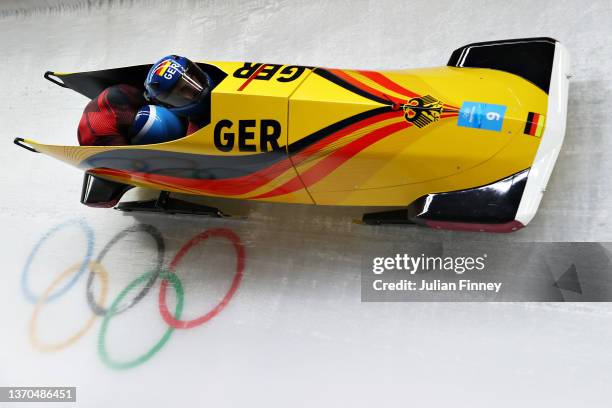 Christoph Hafer and Matthias Sommer of Team Germany slide during the 2-man Bobsleigh Heats on day 10 of Beijing 2022 Winter Olympic Games at National...