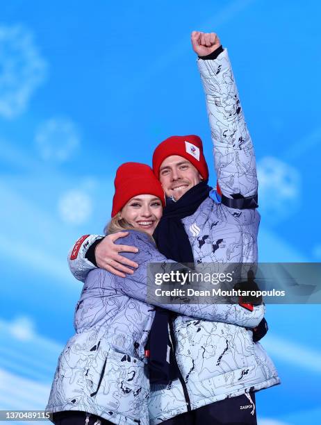 Silver medalists Victoria Sinitsina and Nikita Katsalapov of Team ROC pose with their medals during the Figure Skating Ice dance Free Dance medal...