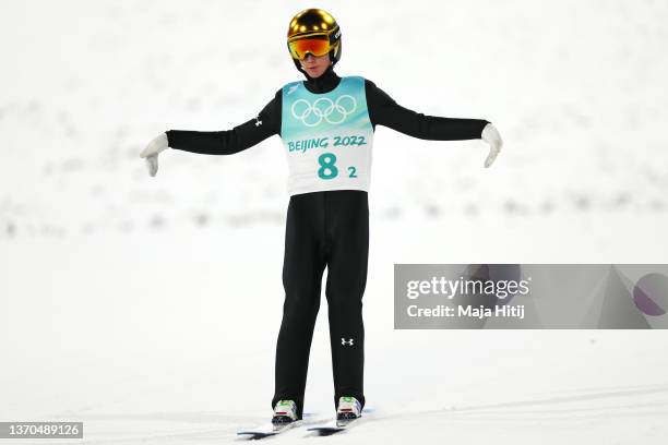 Peter Prevc of Team Slovenia competes during the Men's Ski jumping Final Round on Day 10 of Beijing 2022 Winter Olympics at National Ski Jumping...