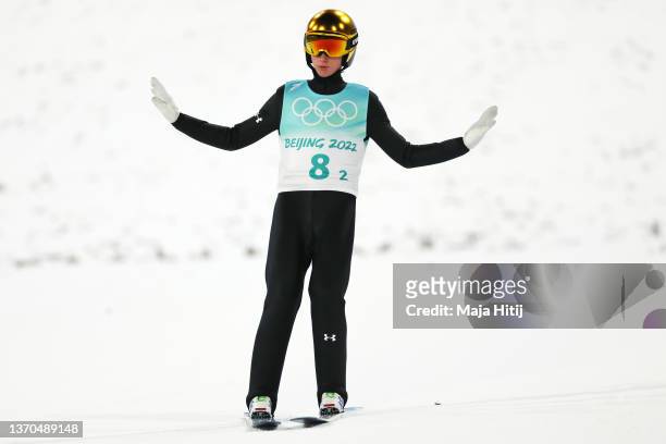 Peter Prevc of Team Slovenia competes during the Men's Ski jumping Final Round on Day 10 of Beijing 2022 Winter Olympics at National Ski Jumping...