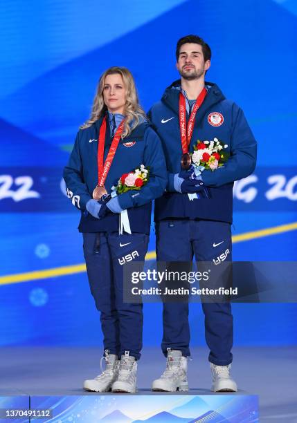 Bronze medalists Madison Hubbell and Zachary Donohue of Team United States pose with their medals during the Figure Skating Ice Dance Free Dance...