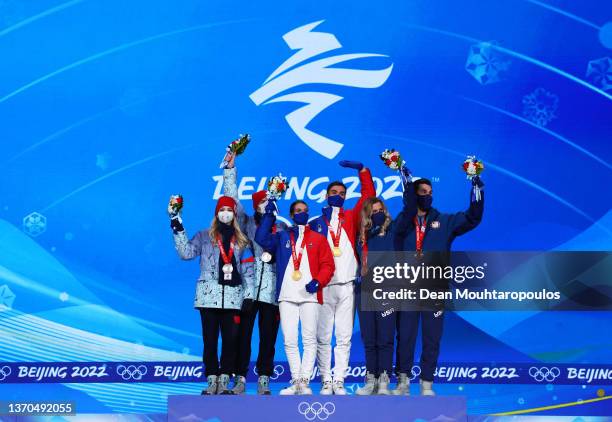 Gold medalists Gabriella Papadakis and Guillaume Cizeron of Team France , Silver medalists Victoria Sinitsina and Nikita Katsalapov of Team ROC and...