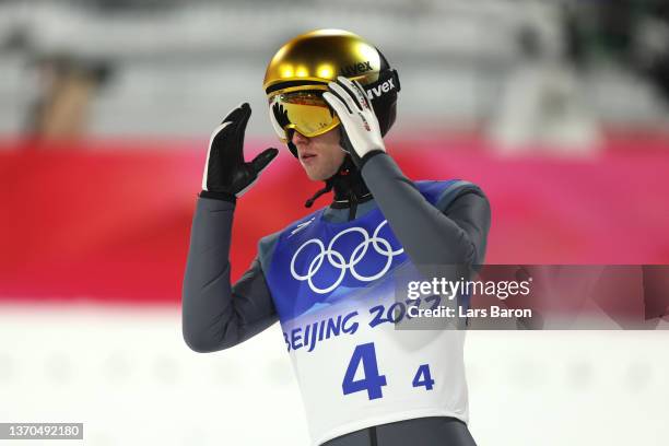 Evgenly Klimov of Team ROC reacts during the Men's Ski jumping Final Round on Day 10 of Beijing 2022 Winter Olympics at National Ski Jumping Centre...