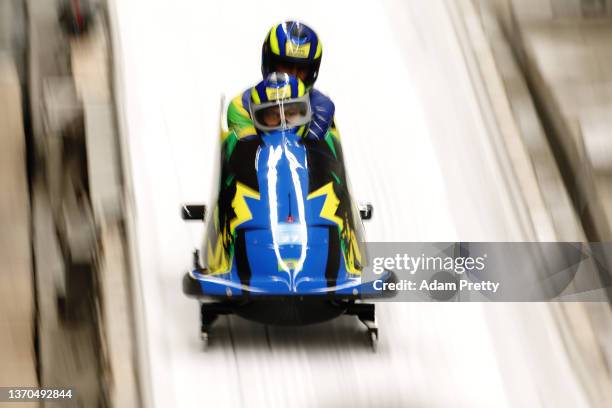 Edson Luques Bindilatti and Edson Ricardo Martins of Team Brazil slide during the 2-man Bobsleigh Heats on day 10 of Beijing 2022 Winter Olympic...