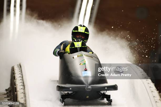 Shanwayne Stephens and Nimroy Turgott of Team Jamaica slide during the 2-man Bobsleigh Heats on day 10 of Beijing 2022 Winter Olympic Games at...