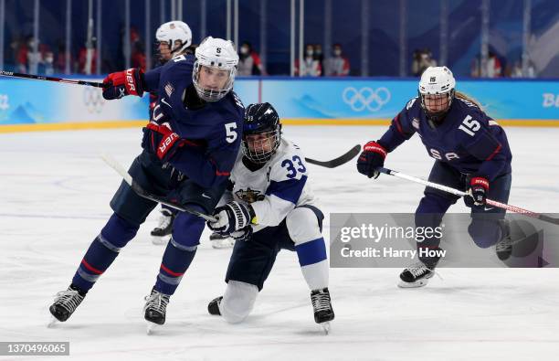 Forward Michelle Karvinen of Team Finland is checked by defender Megan Keller of Team United States in the first period during the Women's Ice Hockey...