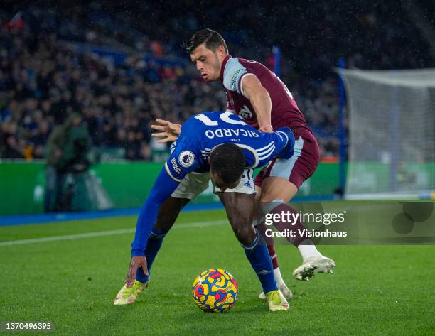 Ricardo Pereira of Leicester City and Aaron Cresswell of West Ham United in action during the Premier League match between Leicester City and West...