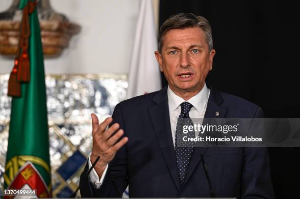 Slovenian President Borut Pahor delivers remarks during a joint press conference held with Portuguese President Marcelo Rebelo de Sousa at the end of...
