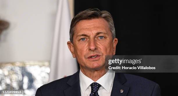 Slovenian President Borut Pahor delivers remarks during a joint press conference held with Portuguese President Marcelo Rebelo de Sousa at the end of...