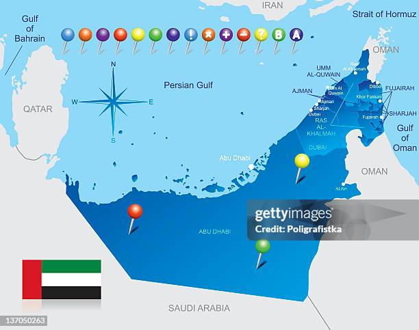 color map of united arab emirates, with pushpins and a flag - emirate of sharjah stock illustrations