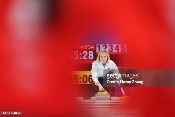 Jennifer Jones of Team Canada competes against Team Great Britain during the Women’s Curling Round Robin Session 8 on Day 10 of the Beijing 2022...