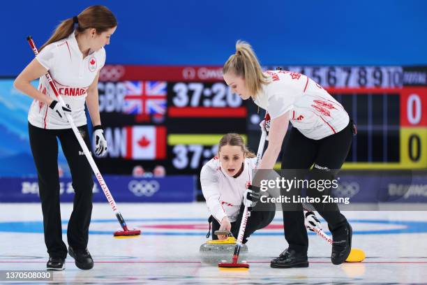 Kaitlyn Lawes, Jocelyn Peterman and Dawn McEwen of Team Canada compete against Team Great Britain during the Women’s Curling Round Robin Session 8 on...