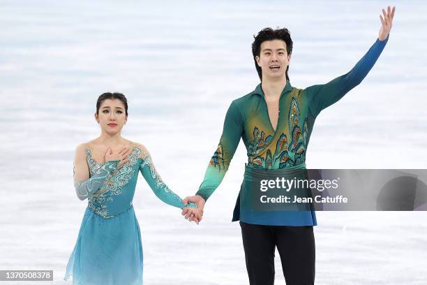 Shiyue Wang and Xinyu Liu of China react after the Ice Dance Free Dance on day 10 of the Beijing 2022 Winter Olympic Games at Capital Indoor Stadium...