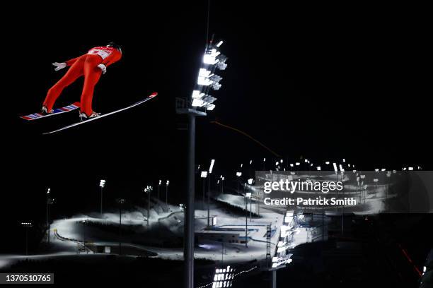 Dominik Peter of Team Switzerland competes during the Men's Team Ski jumping first Round For Competition on Day 10 of Beijing 2022 Winter Olympics at...