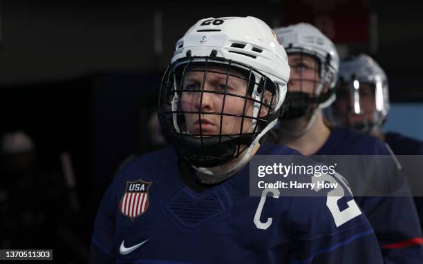 Forward Kendall Coyne Schofield of Team United States walks to the ice for the third period against Team Finland during the Women's Ice Hockey...