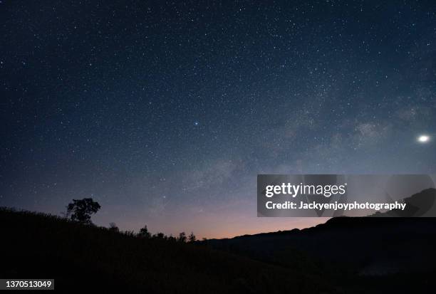 milky way at doi inthanon national park, chiang mai, thailand - halvdager bildbanksfoton och bilder