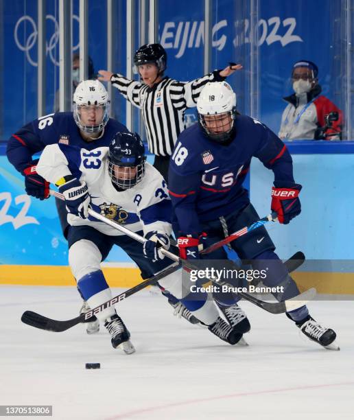 Forward Jesse Compher of Team United States defends forward Michelle Karvinen of Team Finland in the third period during the Women's Ice Hockey...