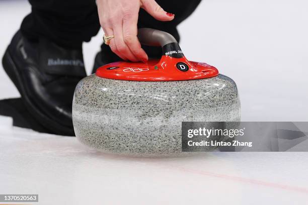 Detailed view of a curling stone is seenduring the Women’s Curling Round Robin Session 8 on Day 10 of the Beijing 2022 Winter Olympic Games at...