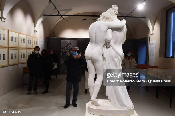 VIsitors admires the italian neoclassical artist Antonio Canova's masterpiece "Amore E Psiche" during the "Antonio Canova Glory of Treviso"...