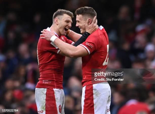 Wales players Dan Biggar and Jonathan Davies celebrates at the end of the game, both players were making their 100th appearance during the Guinness...