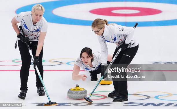 Julia Portunova, Ekaterina Kuzmina and Galina Arsenkina of Team ROC compete against Team Denmark during the Women’s Curling Round Robin Session 8 on...