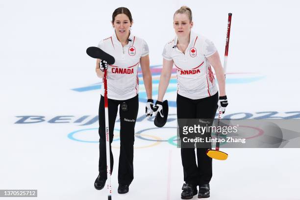 Kaitlyn Lawes and Dawn McEwen of Team Canada compete against Team Great Britain during the Women’s Curling Round Robin Session 8 on Day 10 of the...