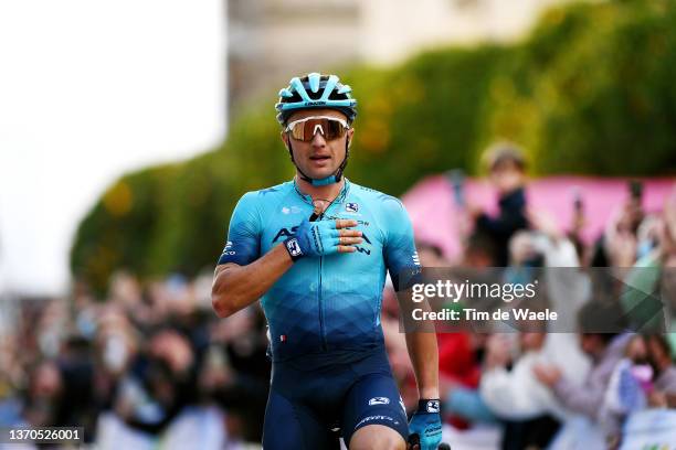 Alexey Lutsenko of Kazahkstan and Team Astana – Qazaqstan celebrates winning during the 1st Clásica Jaén Paraíso Interior 2022 a 187,7km one day race...