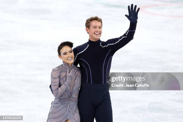 Madison Chock and Evan Bates of USA react after the Ice Dance Free Dance on day 10 of the Beijing 2022 Winter Olympic Games at Capital Indoor Stadium...