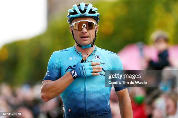 Alexey Lutsenko of Kazahkstan and Team Astana – Qazaqstan celebrates winning during the 1st Clásica Jaén Paraíso Interior 2022 a 187,7km one day race...