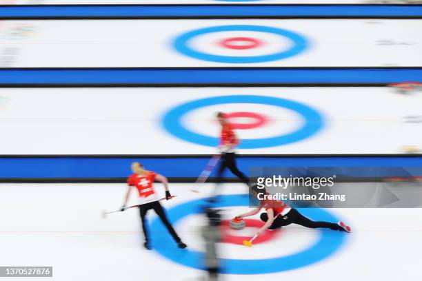 Esther Neuenschwander of Team Switzerland competes against Team Sweden during the Women’s Curling Round Robin Session 8 on Day 10 of the Beijing 2022...